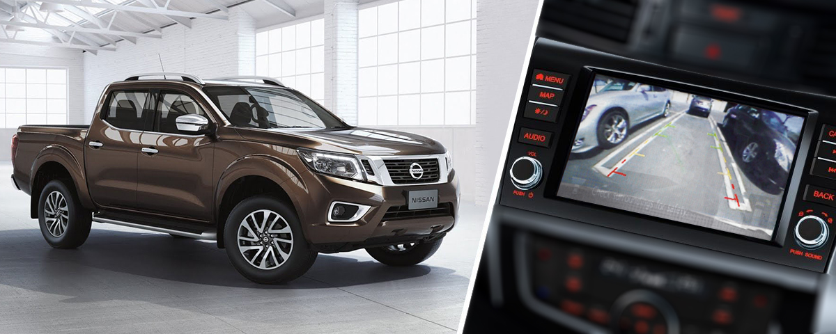 Nissan Navara packshot and detail shot of the screen showing around view monitor active