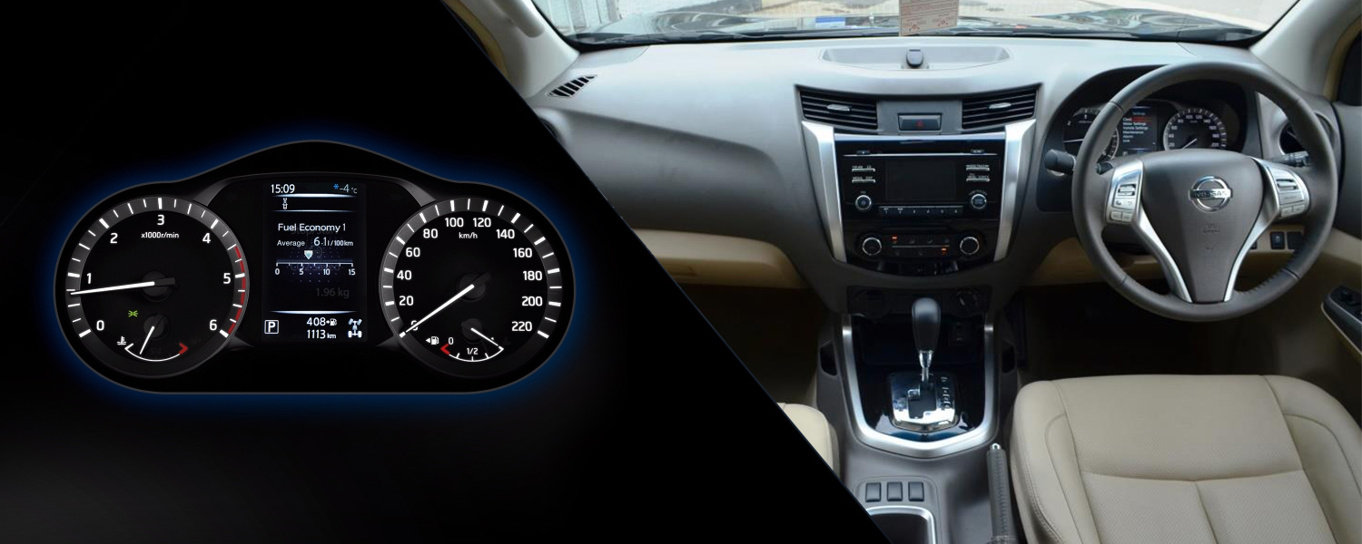 Nissan Navara packshot and detail shot of the screen showing around view monitor active