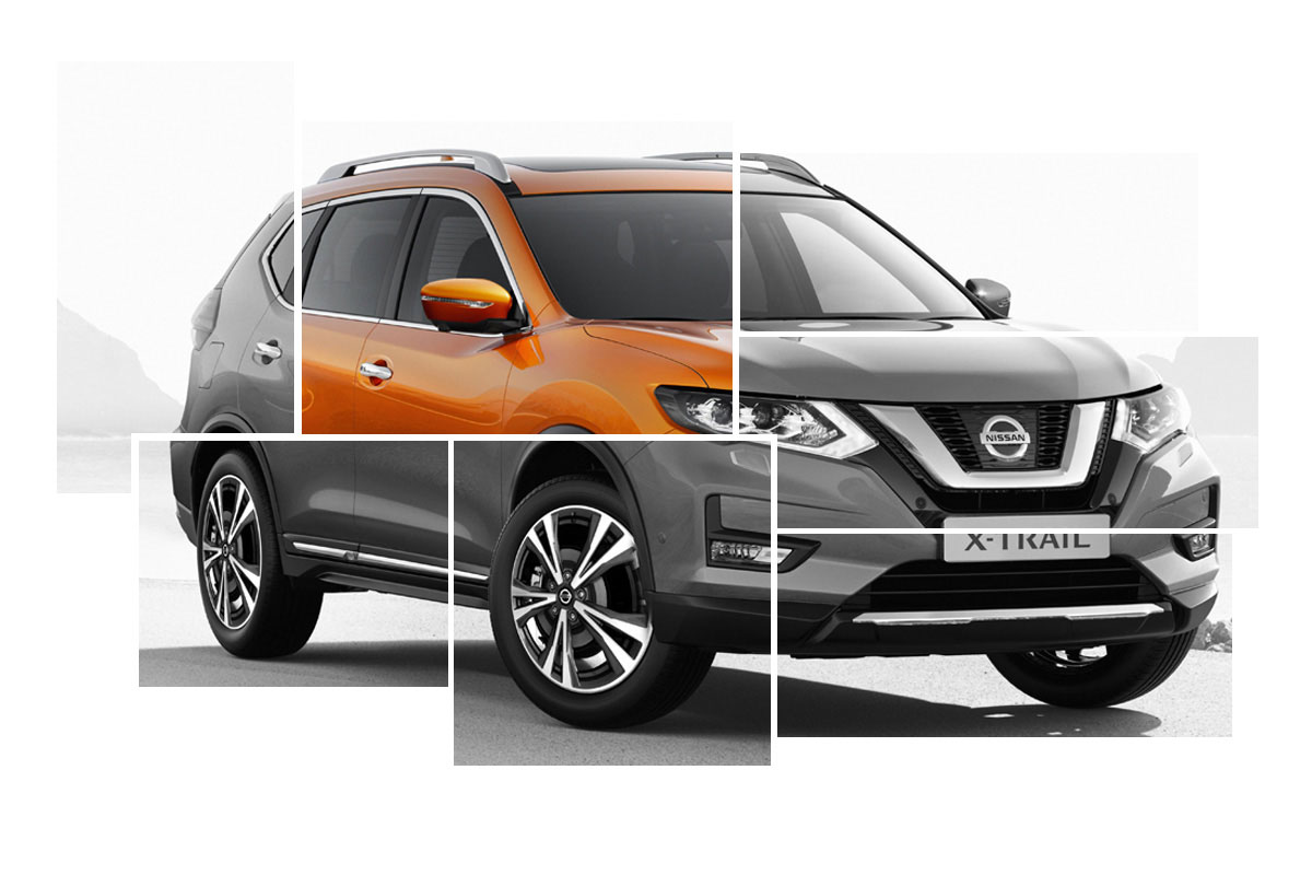 X-Trail Exterior Design collage focus on auto-folding mirrors